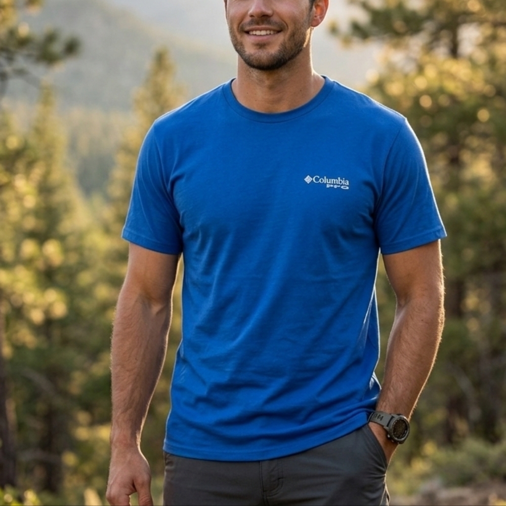Columbia PFG Men's Size S Royal Blue Short Sleeve Cotton T-Shirt Logo Very Good